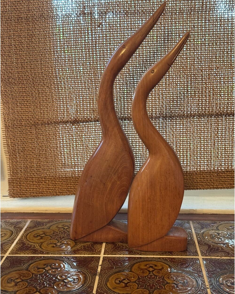 Vintage Mid Century Modern Wood Bird Sculptures - Pair 15.25" & 13.25"